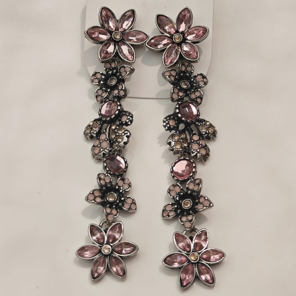 H&M Pink Floral Rhinestone Drop Statement Earrings Long Silver Tone NEW 3-4 in.